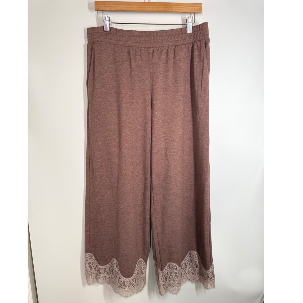 LOGO Lori Goldstein Lounge Pants US M Mauve/Brown Wide Leg Crop Lace Trim Cozy